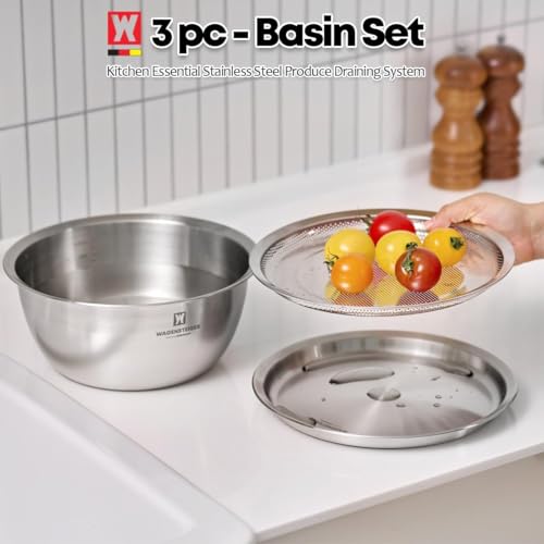 WAGENSTEIGER 3-Piece Stainless Steel Mixing Bowl Set with Strainer & Oil Drain Tray – Nesting Prep & Baking Bowls with Measurement Marks (9.45 in) - size: 9.45 in
