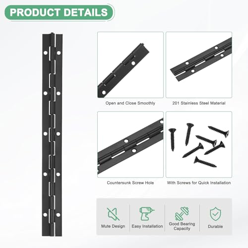 M METERXITY 2-Pack Piano Hinges, 12 Inch / 300mm Stainless Steel Continuous Piano Hinge with Holes and Screws for Cabinets Door/Storage Box [1.2X 0.06/ 30x 1.5mm Open Width Thick, Black] - color: Black, size: 12x1.2x0.06"