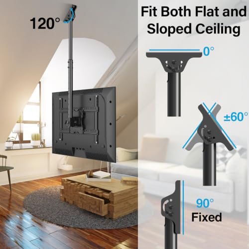 MOUNTUP Ceiling TV Mount for 40-75 Inch Flat Curved TVs, 360° Rotation Heavy Duty Articulating Pole with 99 lbs Capacity, Max VESA 600x400mm, Adjustable Height Ceiling Mount for Restaurant/Office - size: Height 60.6'', Indoor