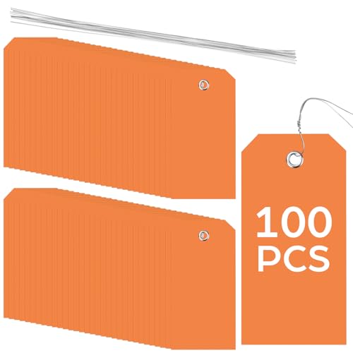 100 Pack Orange Plastic Shipping Tags with Wire Ties, 4.72 x 2.36 inches Heavy Duty Industrial Hang Tags, Blank Identification Labels for Warehouse, Inventory & Outdoor Equipment (Orange) - color: Orange