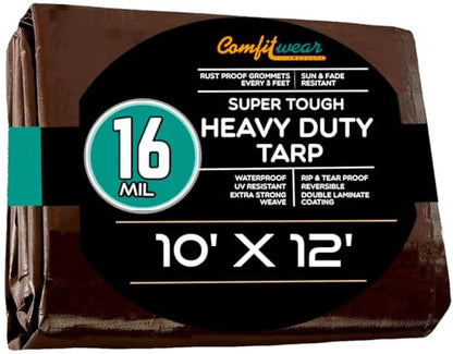 16 MIL Heavy Duty Tarp Super Heavy Duty Tarp Cover 16 MIL Multi-Purpose Extra Heavy Duty Tarps Car Tarp Boat Tarp Camping Tarp General Purpose Waterproof Tarp Cover (10' X 12', Brown) - size: 10' X 12'