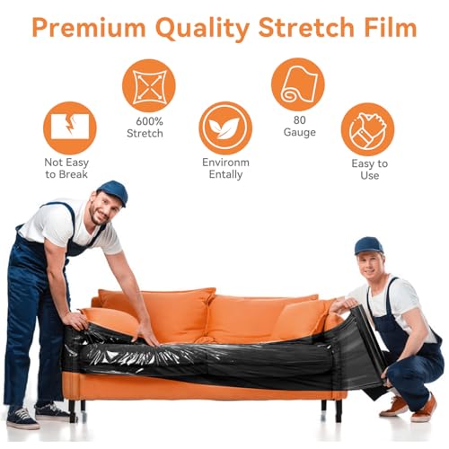 ADAYM 18" x 1500' Stretch/Shrink Wrap Roll - Plastic Wrap for Moving, Heavy Duty 80 Gauge, 600% Stretch for Packing, Pallets, Shipping&Furniture Protection with Handles - style: 1 roll-Black