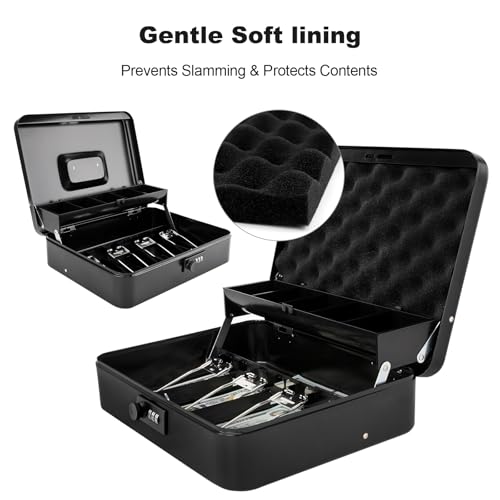 Cash Box with Combination Lock & Foam Auto-Pop Coin Tray – Secure Steel Money Box with 4 Upgraded Finger-Safe Bill Clips, Premium Smooth Scratch-Resistant Coating, 11.8", Combo Black - color: Combo Black