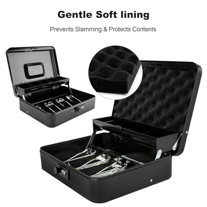 Cash Box with Combination Lock & Foam Auto-Pop Coin Tray – Secure Steel Money Box with 4 Upgraded Finger-Safe Bill Clips, Premium Smooth Scratch-Resistant Coating, 11.8", Combo Black - color: Combo Black