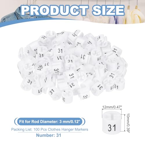 PATIKIL 100 Pcs Clothes Hanger Markers, Number 31 Tag Fit 3mm Rod Garment Size Hanger Clips Color Coding Label for Clothing Hangers, White - size: Number 31