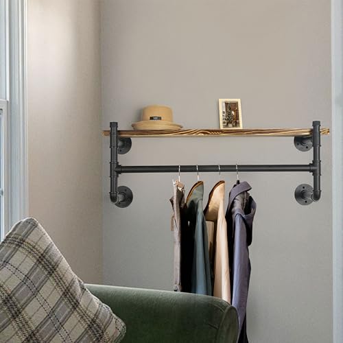 WEBI Wall Mounted Clothes Rack with Shelf,41.3" Long Industrial Pipe Clothing Rack with Shelves,Heavy Duty Iron Garment Rack Bar,Retail Display Clothes Rod for Clothes,Laundry Room,Black - color: Black, size: 41.3 Inch