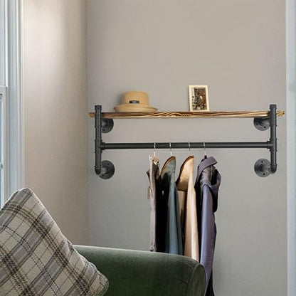 WEBI Wall Mounted Clothes Rack with Shelf,41.3" Long Industrial Pipe Clothing Rack with Shelves,Heavy Duty Iron Garment Rack Bar,Retail Display Clothes Rod for Clothes,Laundry Room,Black - color: Black, size: 41.3 Inch