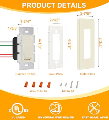 CLOUDY BAY in Wall Dimmer Switch for LED Light/CFL/Incandescent,3-Way Single Pole Dimmable Slide,600W max Incandescent,150W max Dimmable LED/CFL, Cover Plate Included,Almond,2 Pack - size: 2-Pack | Almond