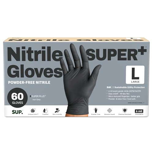 SUPER+ Black Nitrile Gloves HEAVY DUTY 6 Mil Disposable Chemical Resistant Powder & Latex Free Medical Food Safe, 60/600 Ct - color: 60 Large (Black)