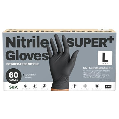 SUPER+ Black Nitrile Gloves HEAVY DUTY 6 Mil Disposable Chemical Resistant Powder & Latex Free Medical Food Safe, 60/600 Ct - color: 60 Large (Black)