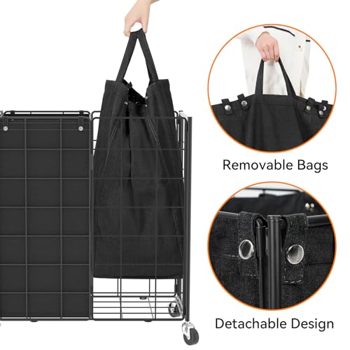 WOWLIVE Double Laundry Hamper with Wheels, Metal Rolling Laundry Basket - color: Black, size: 120l