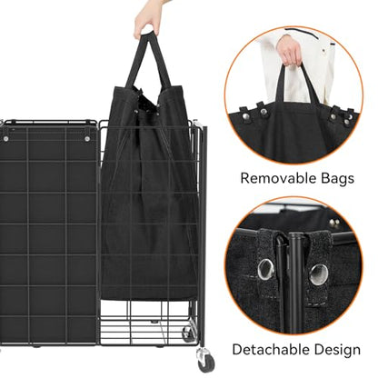 WOWLIVE Double Laundry Hamper with Wheels, Metal Rolling Laundry Basket - color: Black, size: 120l