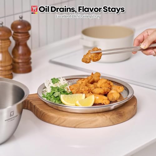WAGENSTEIGER 3-Piece Stainless Steel Mixing Bowl Set with Strainer & Oil Drain Tray – Nesting Prep & Baking Bowls with Measurement Marks (8.66 in) - size: 8.66 in