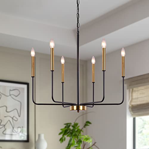 Modern Farmhouse Chandelier for Dining Room, 6 Lights Chandelier Light Fixture Adjustable Height, Black and Gold Hanging Candle Pendant Lighting for Kitchen Island Living Room Bedroom Foyer - color: 6 Light-Black Gold