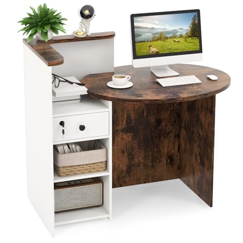 MAT EXPERT Reception Desk, Front Desk with Open Shelves, Lockable Drawer, Round Tabletop, Checkout Counter, Retail Counter, Computer Workstation for Office (White Cabinet & Rustic Brown Desktop) - color: White Cabinet & Rustic Brown Desktop