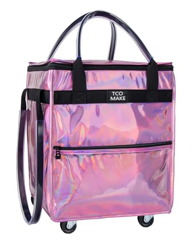 Small Phantom Pink Reusable Grocery Bag on Wheels, Folding Rolling Tote - color: Phantom Pink, size: Small