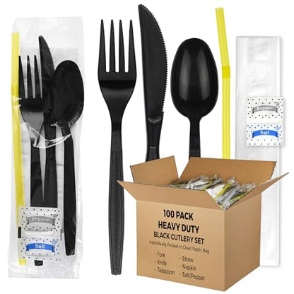 100 pack | Individually wrapped Cutlery set | BlackHeavy Duty Cutlery | Utensil set with Fork, spoon, knife, Napkin, Straw and Salt/Pepper packets (6 in 1) | Plastic Disposable Flatware Cutlery Kits - color: Black