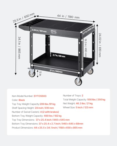 VEVOR Utility Cart, 550 lbs Load Capacity, 37 x 25.4-inch Service Cart, Two-Shelf Heavy Duty Plastic Utility Cart with 360° Swivel Wheels (2 with Brakes), Suitable for Warehouse, Garage, Cleaning - style: 550 LBS-Large