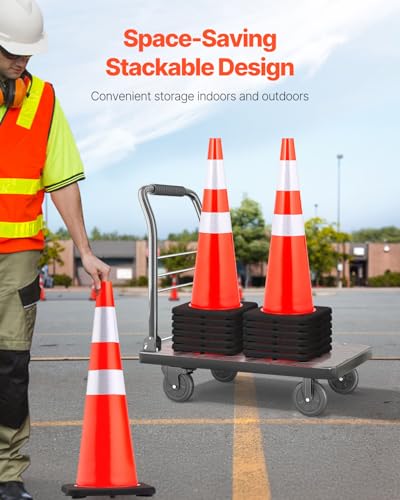 VEVOR Safety Cones, 6 Pack 36" Traffic Cones, PVC Orange Construction Cones with Reflective Collars and Black Weighted Base, for Traffic Control, Driveway Road Parking and School Improvement - size: 36"(6Cones)
