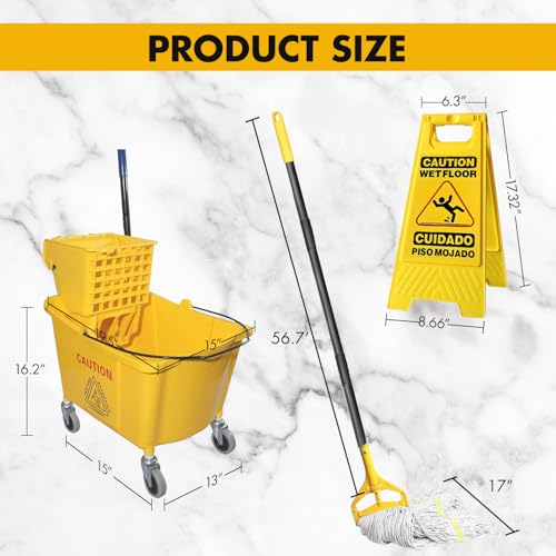 KULED Commercial Mop Bucket with 2 Mop Heads and Caution Sign, 38 Quart