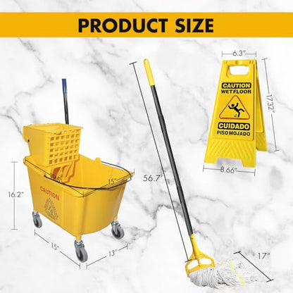 KULED Commercial Mop Bucket with 2 Mop Heads and Caution Sign, 38 Quart