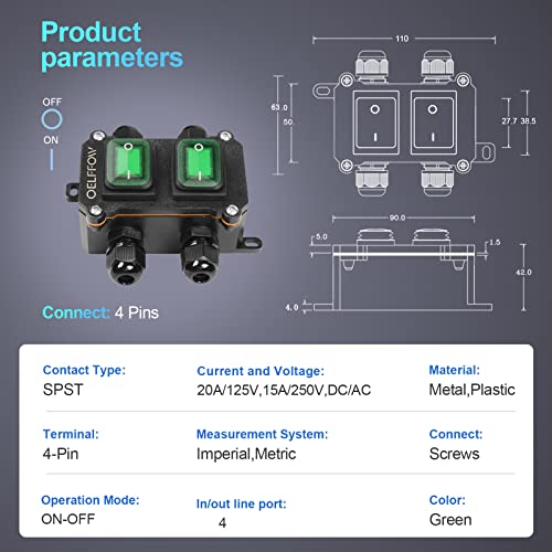 Waterproof On Off Toggle Switch Double Switch with Green Light Rocker Button Inline Cord Switch DPST AC/DC 20A-125V,16A-250V,30A-24V,35A-12V, IP66 4 Exit - color: Green/2 Switch/4 Outlet