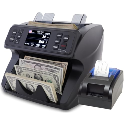 DETECK DETECK DT600 Bank Grade Money Counter Machine Mixed Denomination, Multi Currency Value Counting Money Machine, Serial Number, 2CIS/UV/IR/MG/MT Counterfeit Detection with DETECK DT40P Printer