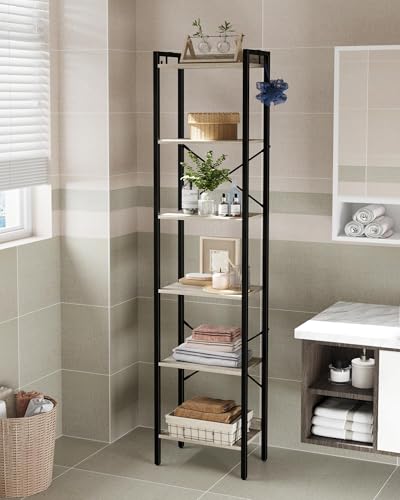 Hzuaneri Bookshelf, Book Shelf, Industrial Bookcase with 2 Hooks, - color: Greige, size: 9.4"D x 15.4"W x 72.8"H