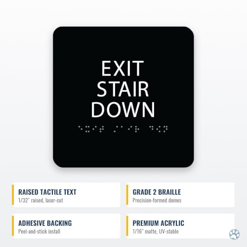 Alpha Dog Exit Stair Down Sign, 6x6 ADA Braille Sign, Black - color: Black, size: Exit Stair Down