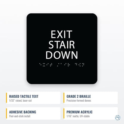 Alpha Dog Exit Stair Down Sign, 6x6 ADA Braille Sign, Black - color: Black, size: Exit Stair Down