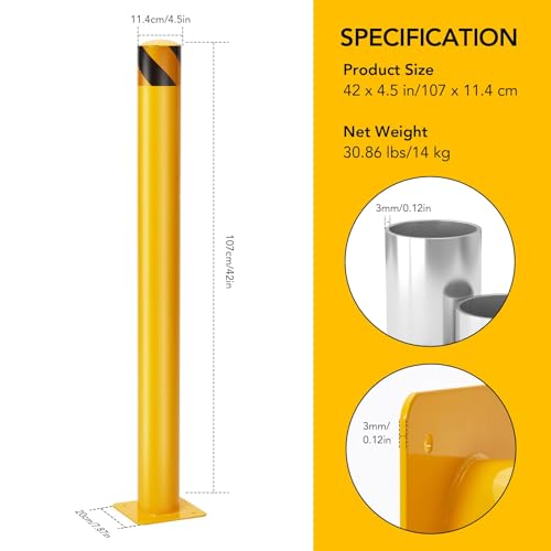 4-Pack 42 Inch Steel Safety Bollards, 4.5 Inch Diameter Parking Bollard Post with 16 Anchor Bolts, Yellow Safety Steel Bollard Post for Driveway Barrier, Traffic Control & Storefront Protection - size: 42 Inch
