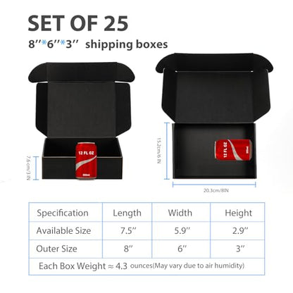 8x6x3 Black Shipping Boxes for Small Business, Packing, 25 Pack - color: Black, size: 8x6x3 inch