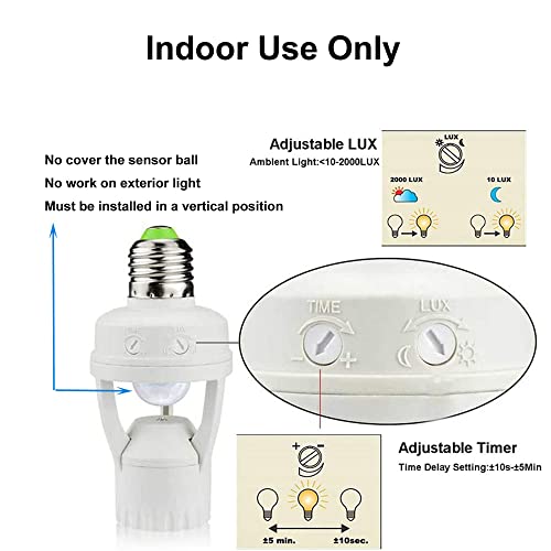 LPHUMEX 3pcs Motion Sensor Light Sockets, E26/E27 Screw in Motion Sensor Sockets for Existing Lights, Dusk and Dawn Auto Lights Motion Detector Indoor for Front Door Porch Garage Closet