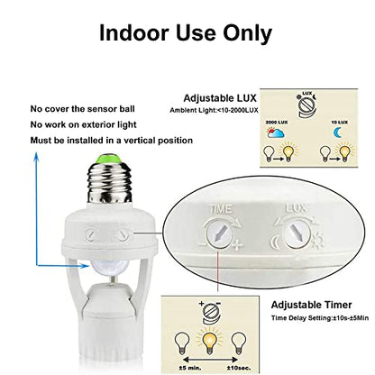 LPHUMEX 3pcs Motion Sensor Light Sockets, E26/E27 Screw in Motion Sensor Sockets for Existing Lights, Dusk and Dawn Auto Lights Motion Detector Indoor for Front Door Porch Garage Closet