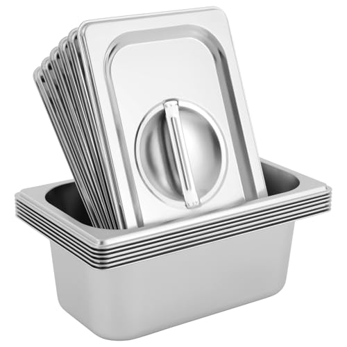6 Pack Stainless Steel Hotel Pans with Lids, 1/9 Size or 1/4 Size Commercial Metal Food Catering Trays for Steam Table, Buffet Serving, Food Storage & Preparation (1/4 Size 3.6Qt) - size: 1/4 Size 3.6Qt