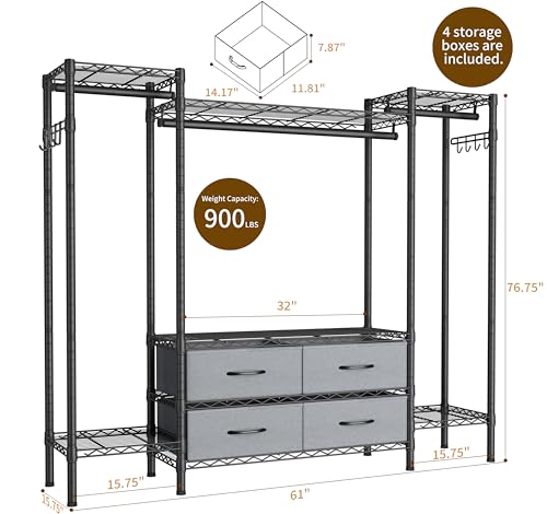 Golpart Heavy Duty Clothes Rack Metal Wardrobe with Adjustable Wire Shelves - color: Black, size: 15.75"D x 61"W x 76.5"H