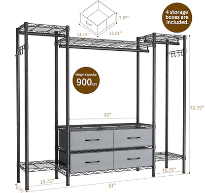 Golpart Heavy Duty Clothes Rack Metal Wardrobe with Adjustable Wire Shelves - color: Black, size: 15.75"D x 61"W x 76.5"H