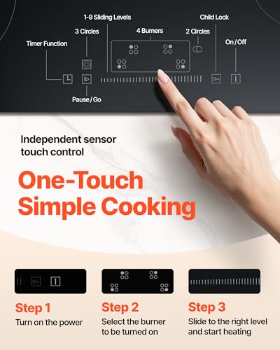 VEVOR 30" 4 Burner Built-in Electric Radiant Cooktop, Touch Sensor Ceramic Stove Top, 7200W,240V Hardwired No Plug, Residual Heat Indicator, Timer Child Lock, 9 Power Levels for Simmer, Steam, Fry - size: 30 IN-4 Burner+Touch Control