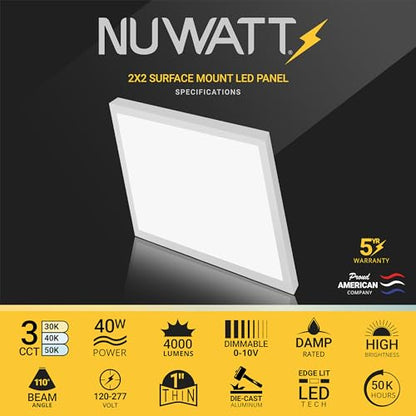 NUWATT 2x2 LED Flat Panel Light Surface Mount, 3CCT 3000K-5000K, ETL, DLC