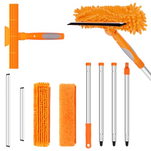 67" Squeegee Window Cleaner, 2 in 1 Professional Window Cleaning Tool Kit with Extension Pole, Window Washing Equipment with Rotatable Head for Indoor Outdoor Windows Car Glass - color: Orange
