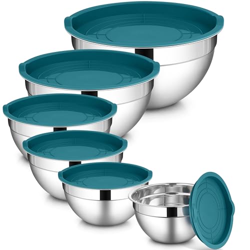 LIANYU 6 PCS Stainless Steel Mixing Bowl, Kitchen Nesting Bowls for Cooking - color: Dark Blue, style: Atlas Base with Airtight Lids