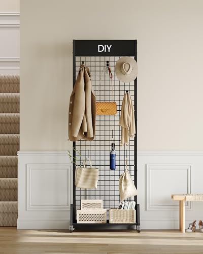 CHOEZON Grid Wall Panel, 2’ x 5.7’ Ft Floor Standing Gridwall Display Rack, Retail Display Stand, with 4 S-Shaped Hooks and 4 Garment Hooks, for Entryway, Study, Kitchen, Outdoors, Black TCJ27BB