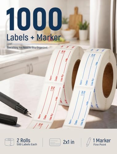 2 Rolls 1000 Pcs Removable Food Labels, 1 x 2 Inch Date Stickers w/Bonus Writing Pen for Freezer Refrigerator Food Containers, Easy to Write on Food Labeling for Food Storage Organization Kitchen Use