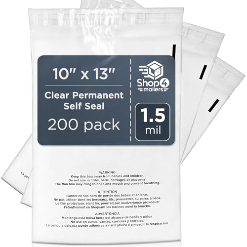 200 Count 10x13 Clear Poly Bags with Suffocation Warning, 1.5 Mil