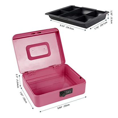Kyodoled Large Cash Box with Combination Lock,Safe Metal Money Box with Money Tray for Security Lock Box 9.84"x 7.87"x 3.54" Pink Large - color: Pink (Pack of 1), size: Large