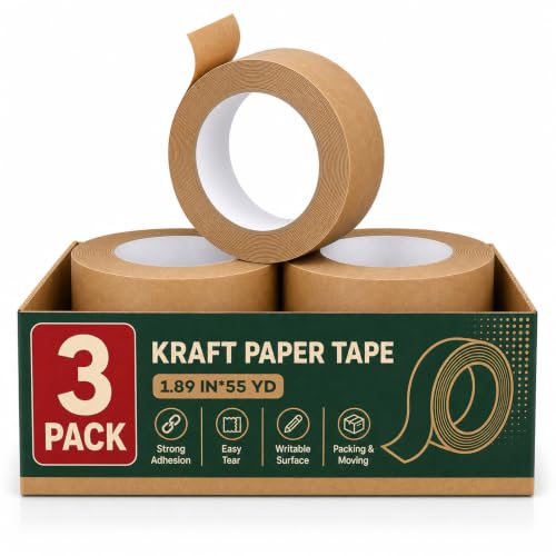 3 Pack Heavy Duty Paper Packing Tape,2 Inch Wide (1.89 in x 55 Yds),Eco Friendly & Biodegradable, Writable & Uncoated Brown Packing Tape Great for Packaging, Shipping, and Moving - size: 3