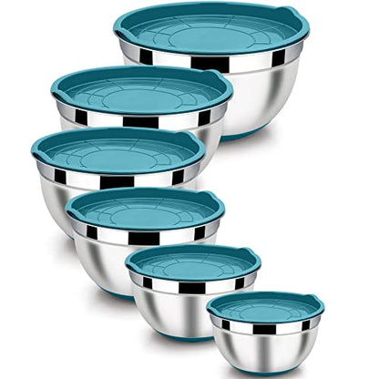 LIANYU Metal Nesting Mixing Bowls Set of 6, Size 7, 3.5, 2.5, 2, 1.5, 1QT - color: Dark Blue, style: Anchor Base with Airtight Lids