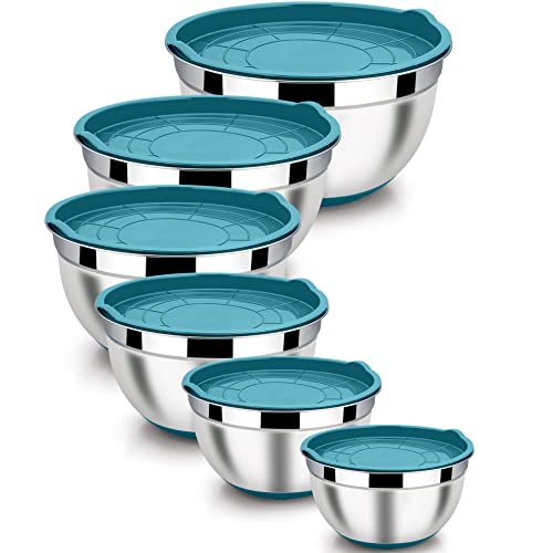 LIANYU Metal Nesting Mixing Bowls Set of 6, Size 7, 3.5, 2.5, 2, 1.5, 1QT - color: Dark Blue, style: Anchor Base with Airtight Lids