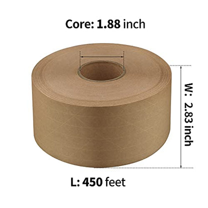 Packing Tape 2.83inch x 450 Feet Reinforced Water Activated Gummed Tape Kraft Paper Tape750(mm) 150Yard for Heavy Duty Shipping Writable Strong Adhesive Brown Carton Box for Moving and Storage