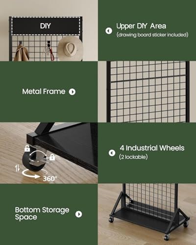 CHOEZON Grid Wall Panel, 2’ x 5.7’ Ft Floor Standing Gridwall Display Rack, Retail Display Stand, with 4 S-Shaped Hooks and 4 Garment Hooks, for Entryway, Study, Kitchen, Outdoors, Black TCJ27BB